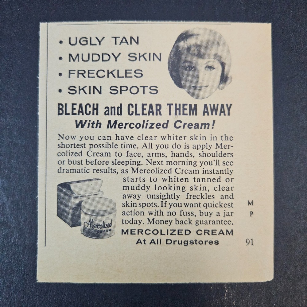 1964 Mercolized Cream Bleach Away Freckles‎ Muddy Skin Ugly Tan Vintage Print Ad